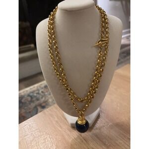 Anne Klein Gold Tone long Strand Rolo Chain Navy Blue Orb Pendant Necklace VTG